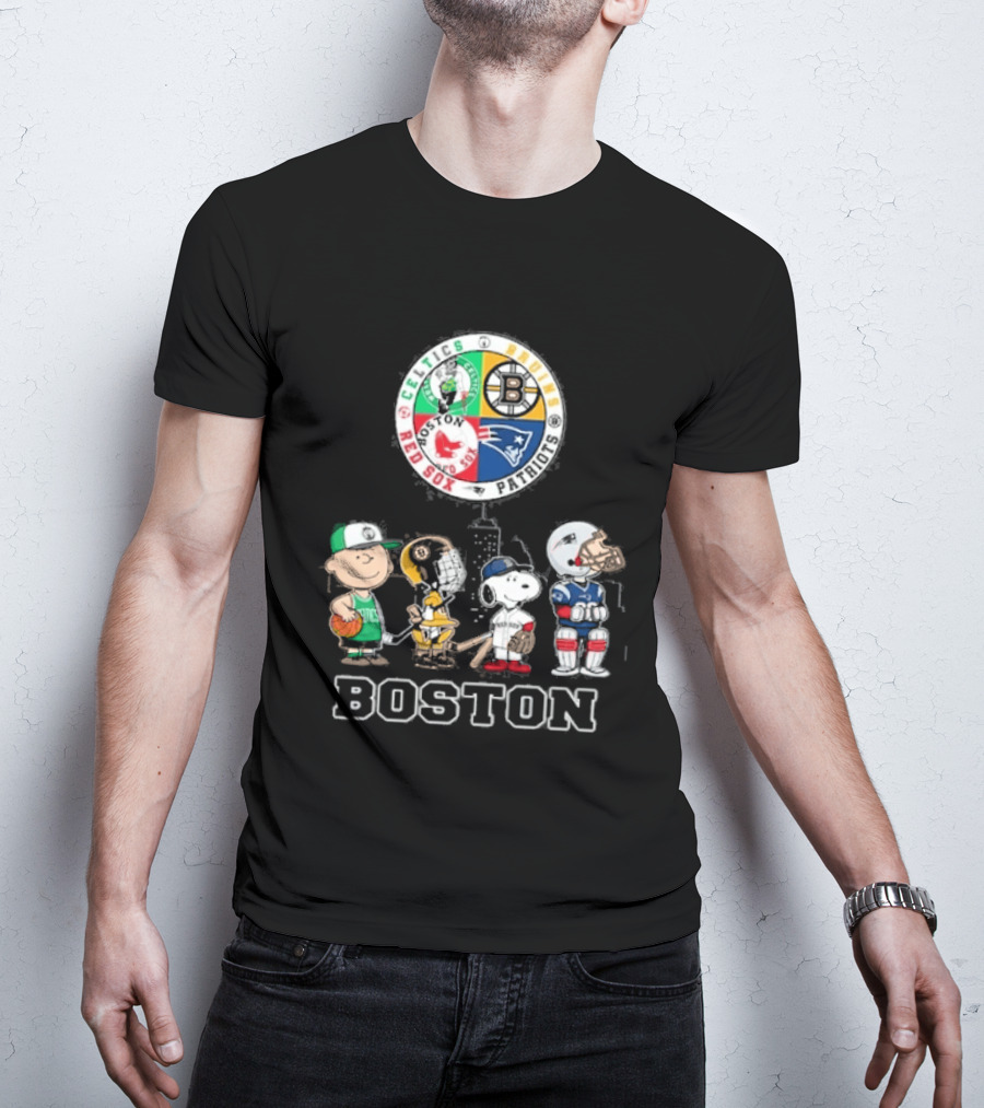 Boston Celtics Bruins Red Sox Patriots Cartoon Characters Skyline Sports T-Shirt