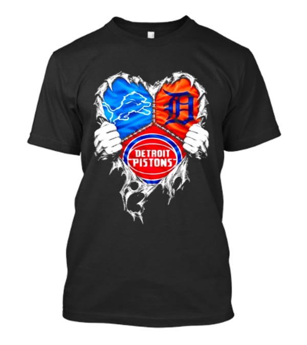Detroit Lions Tigers Pistons Heart Scratch Mashup T-Shirt