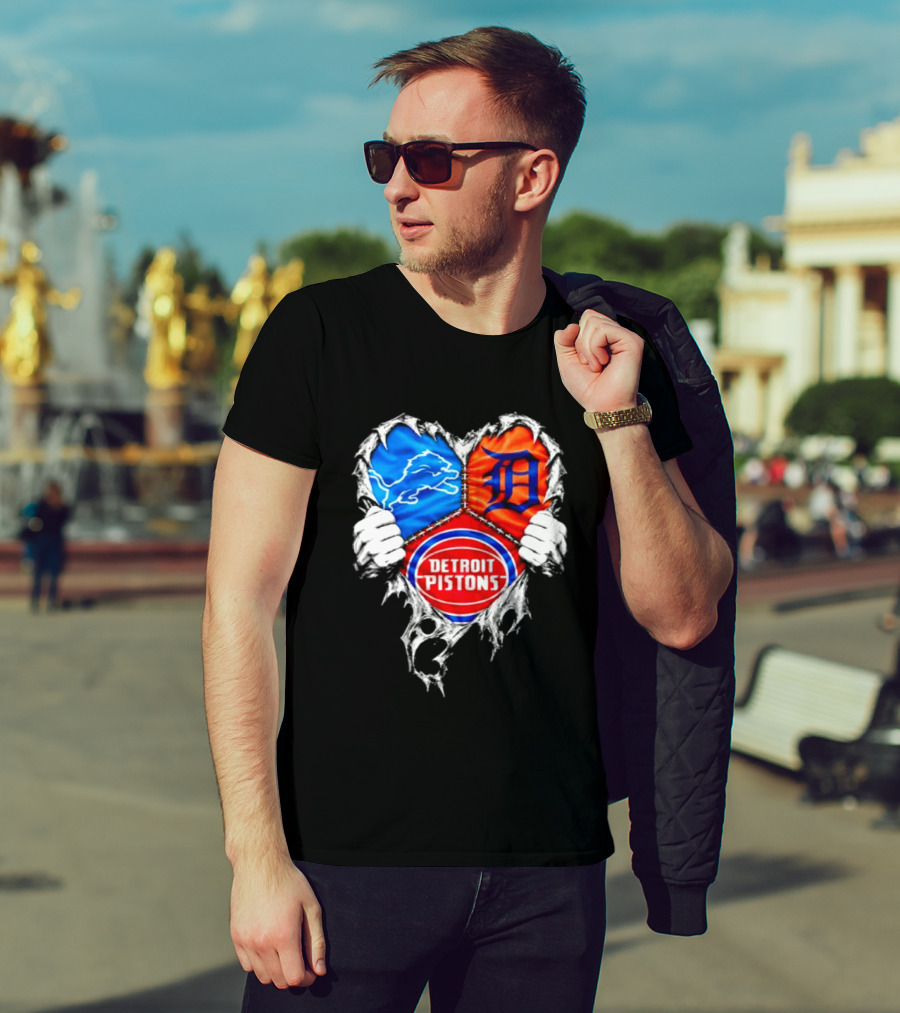 Detroit Lions Tigers Pistons Heart Scratch Mashup T-Shirt