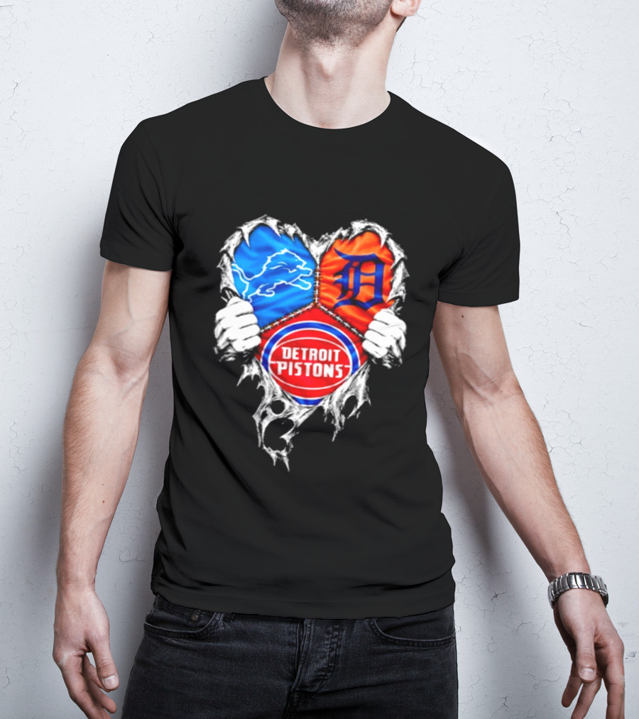 Detroit Lions Tigers Pistons Heart Scratch Mashup T-Shirt