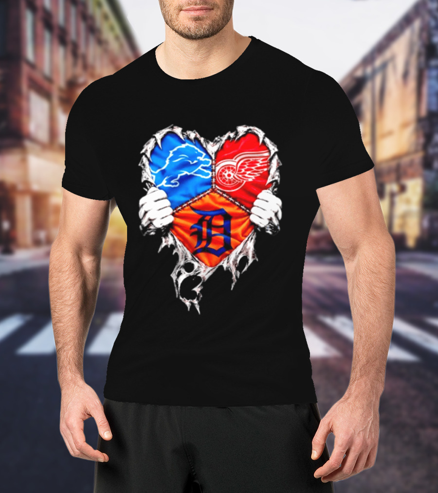 Detroit Lions Red Wings Tigers Heart Scratch Mashup T-Shirt