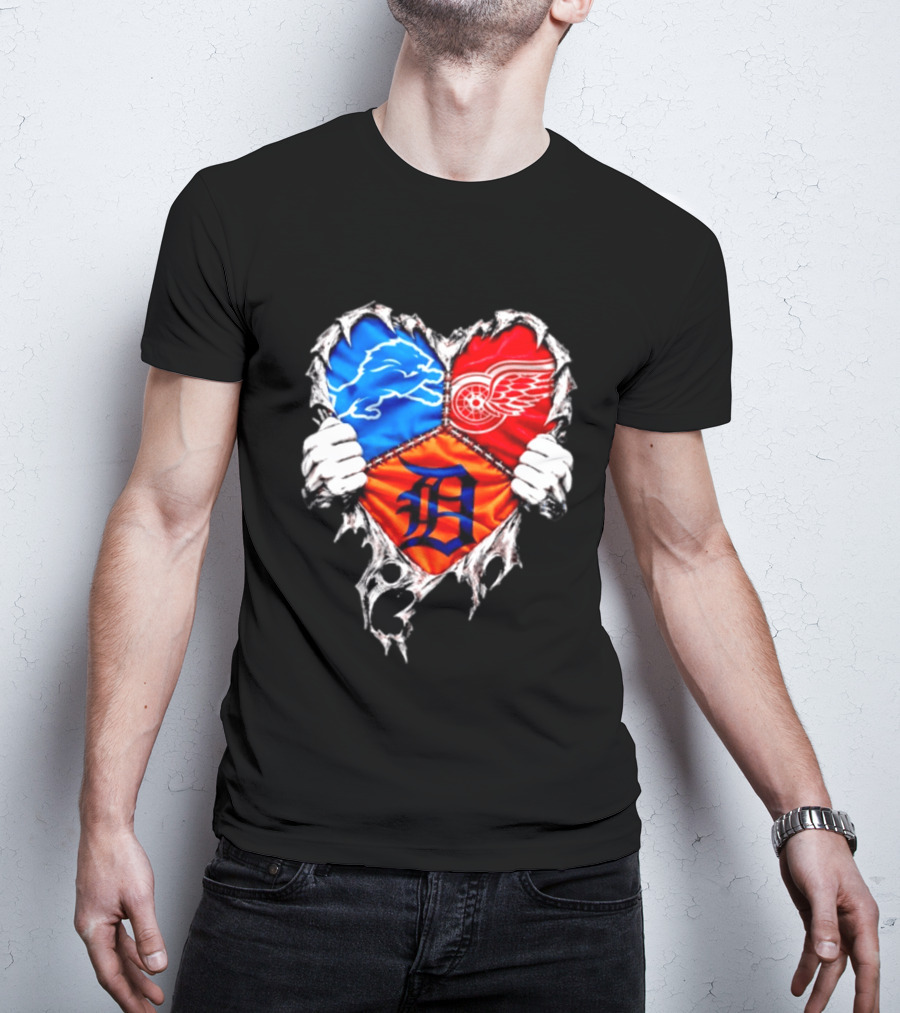 Detroit Lions Red Wings Tigers Heart Scratch Mashup T-Shirt