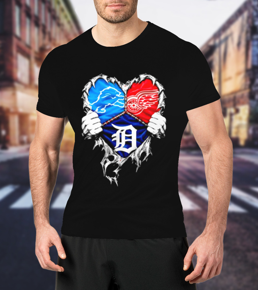 Detroit Lions Red Wings Tigers Heart Scratch Mashup T-Shirt