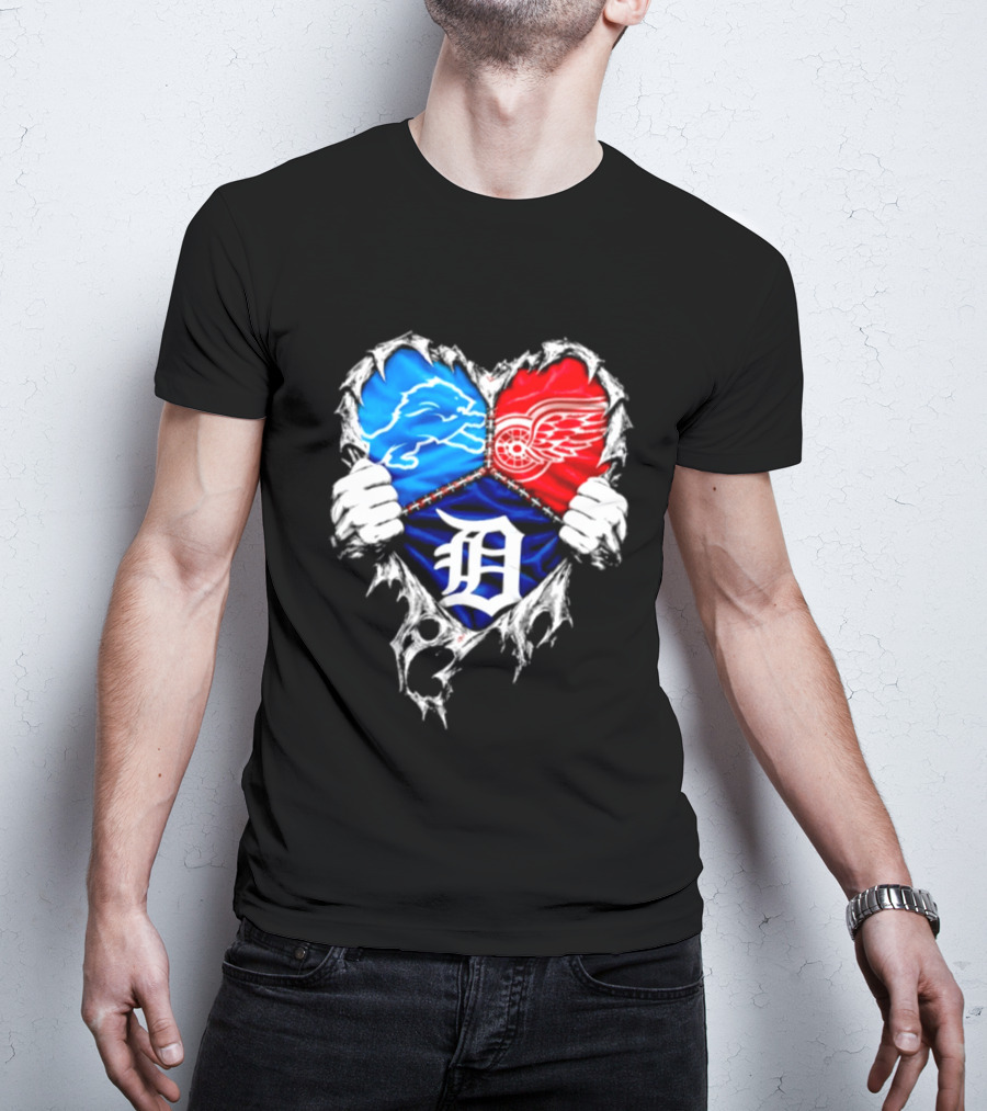 Detroit Lions Red Wings Tigers Heart Scratch Mashup T-Shirt