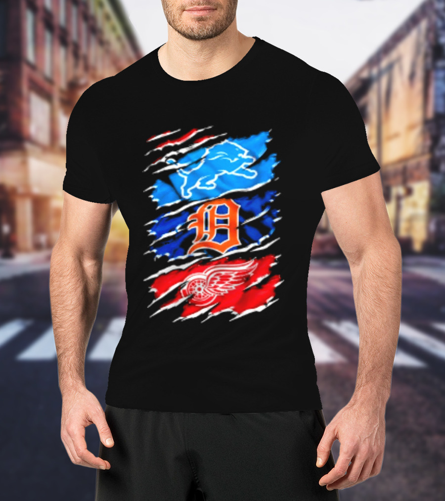 Detroit Lions Tigers Red Wings Scratch Mashup T-Shirt