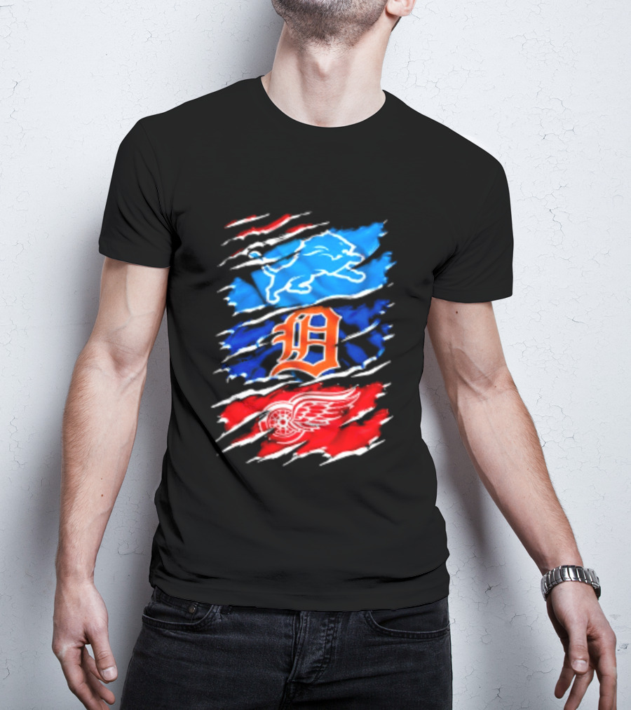 Detroit Lions Tigers Red Wings Scratch Mashup T-Shirt