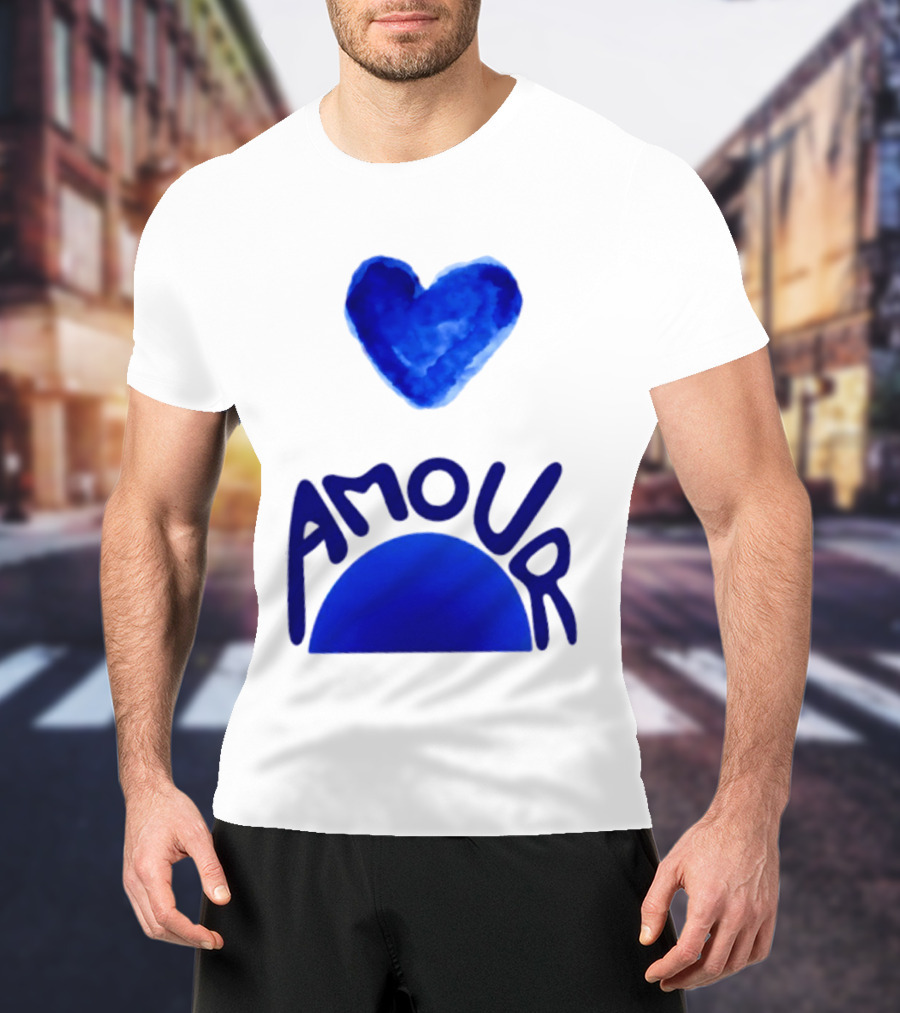 Amour Blue Heart French Love Watercolor T-Shirt