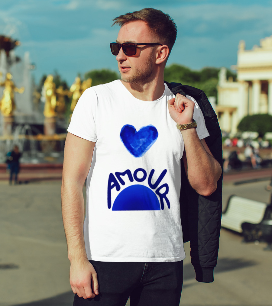Amour Blue Heart French Love Watercolor T-Shirt