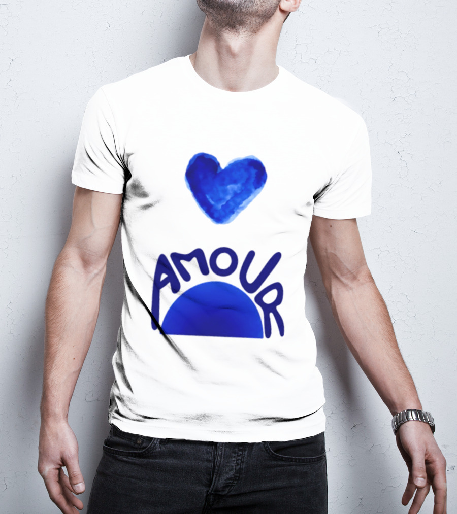 Amour Blue Heart French Love Watercolor T-Shirt