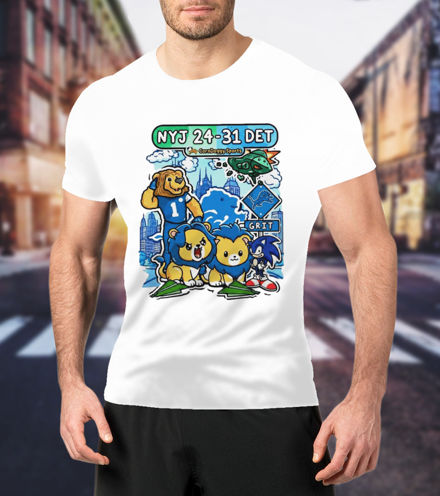 NYJ 24 31 DET Corndoggy Sports Grit Lions Cityscape T-Shirt