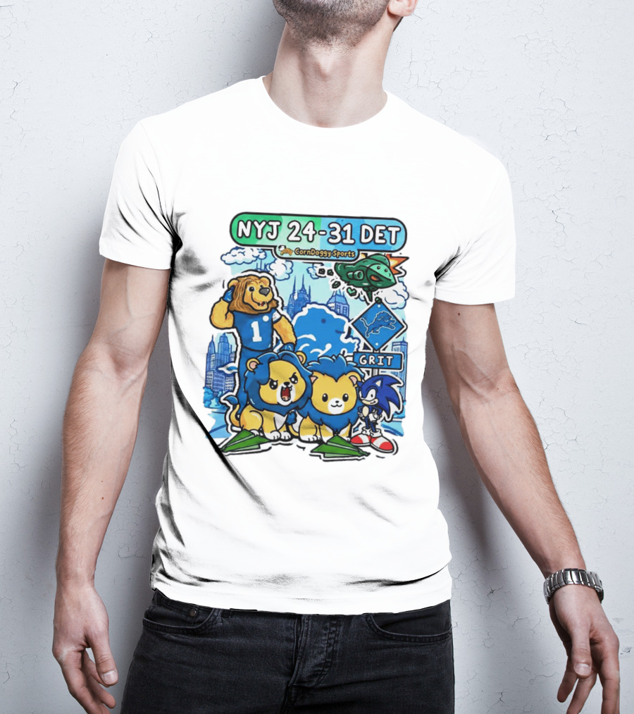 NYJ 24 31 DET Corndoggy Sports Grit Lions Cityscape T-Shirt