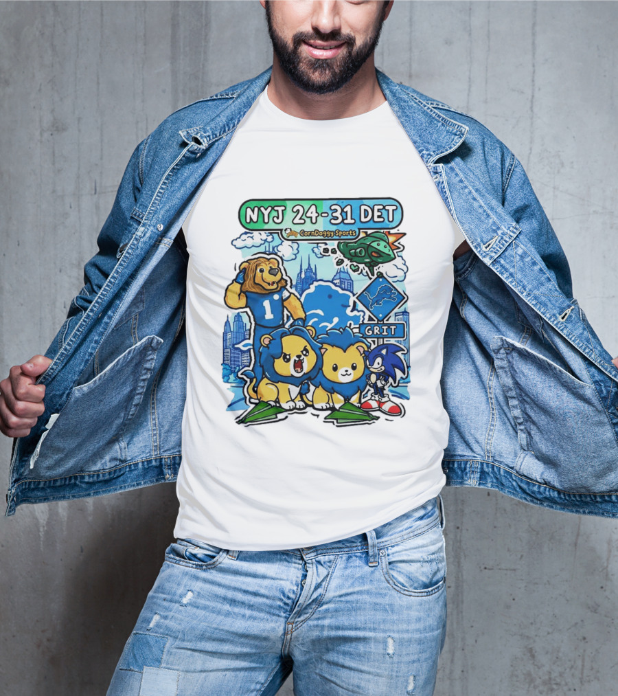 NYJ 24 31 DET Corndoggy Sports Grit Lions Cityscape T-Shirt