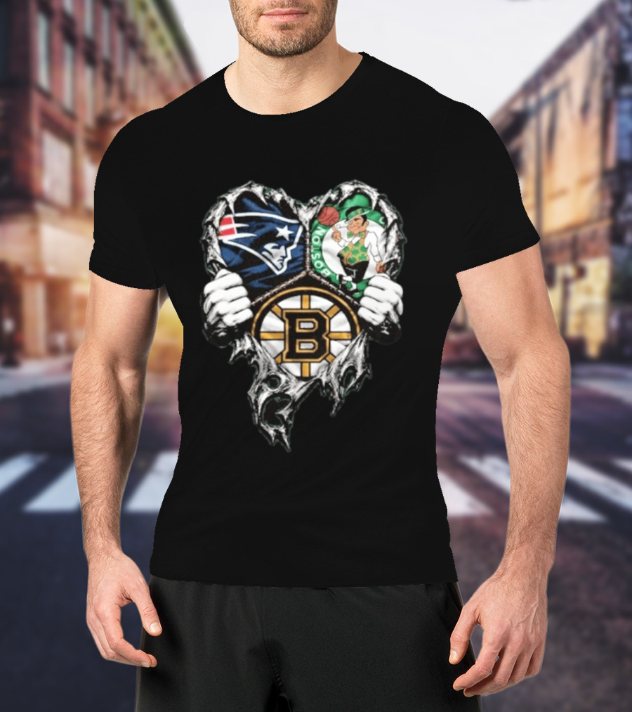 New England Patriots Boston Celtics Boston Bruins Ripped Heart Triple Team Sports T-Shirt