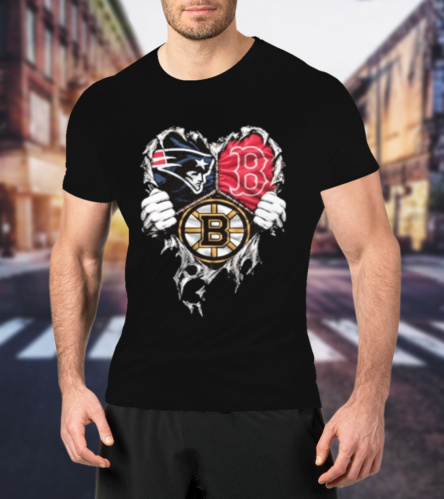New England Patriots Boston Red Sox Boston Bruins Heart Iconic Trio T-Shirt