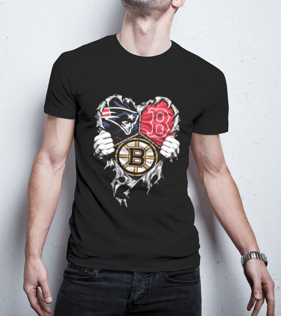 New England Patriots Boston Red Sox Boston Bruins Heart Iconic Trio T-Shirt