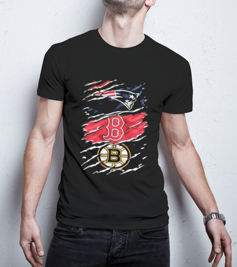 New England Patriots Boston Red Sox Boston Bruins Ripped Distressed Triple Team Sports T-Shirt
