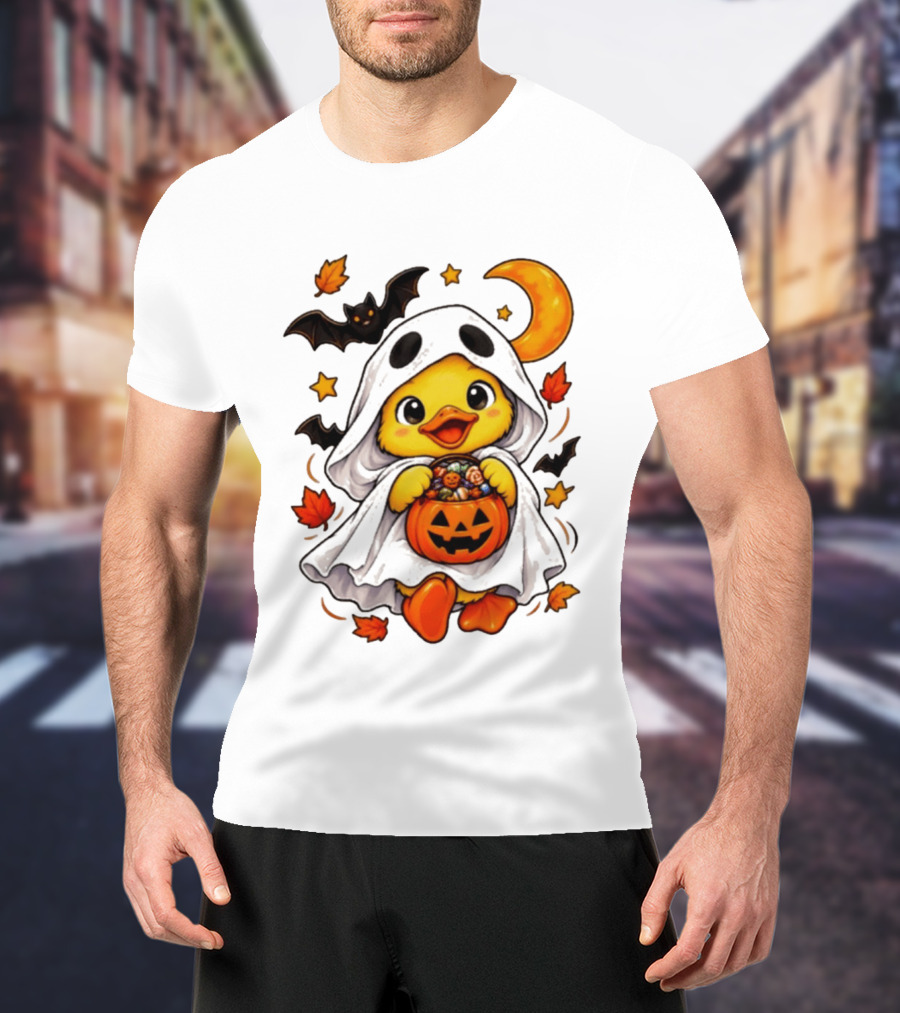 Ghost Ducking With Halloween Pumpkin Candy Bucket Bat Moon And Stars T-Shirt