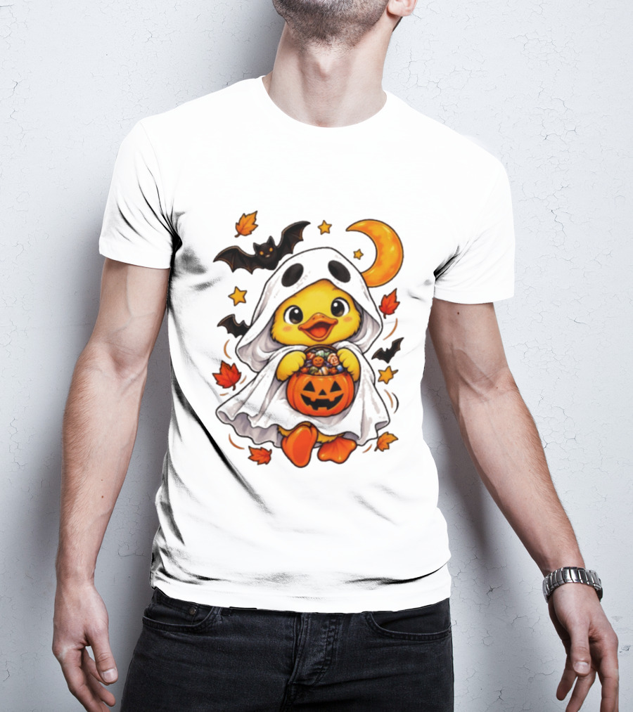 Ghost Ducking With Halloween Pumpkin Candy Bucket Bat Moon And Stars T-Shirt