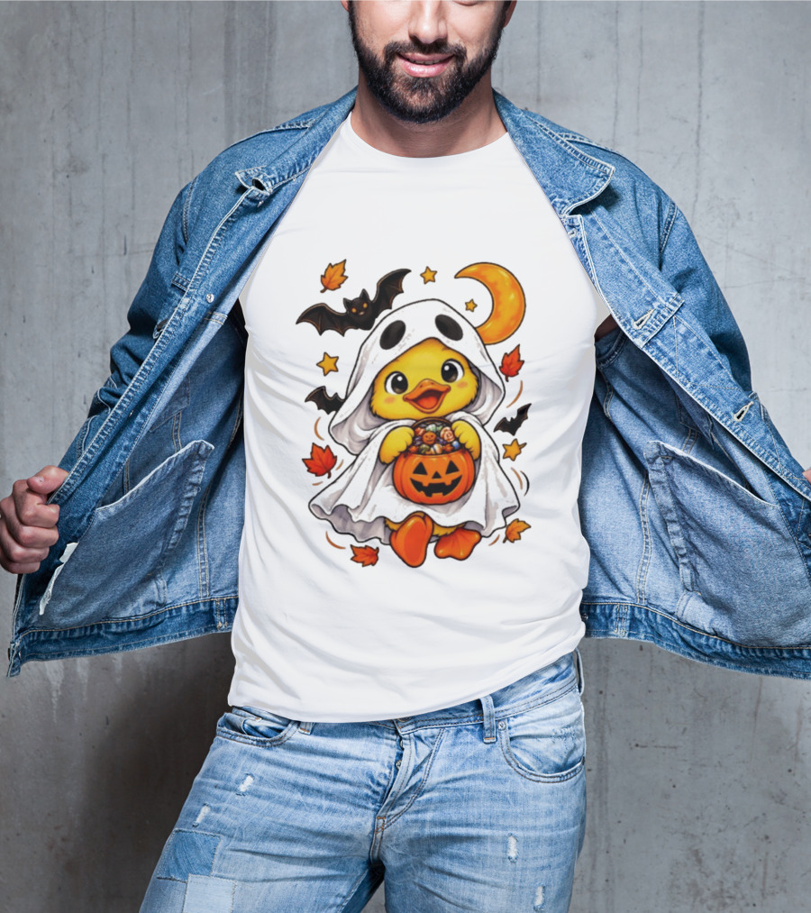 Ghost Ducking With Halloween Pumpkin Candy Bucket Bat Moon And Stars T-Shirt