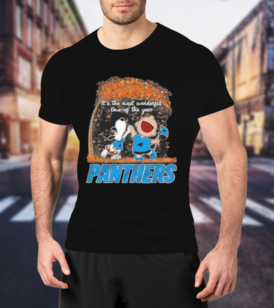 Carolina Panthers Snoopy Charlie Brown Dancing It's The Most Wonderful Time Of The Year 2026 T-Shirt