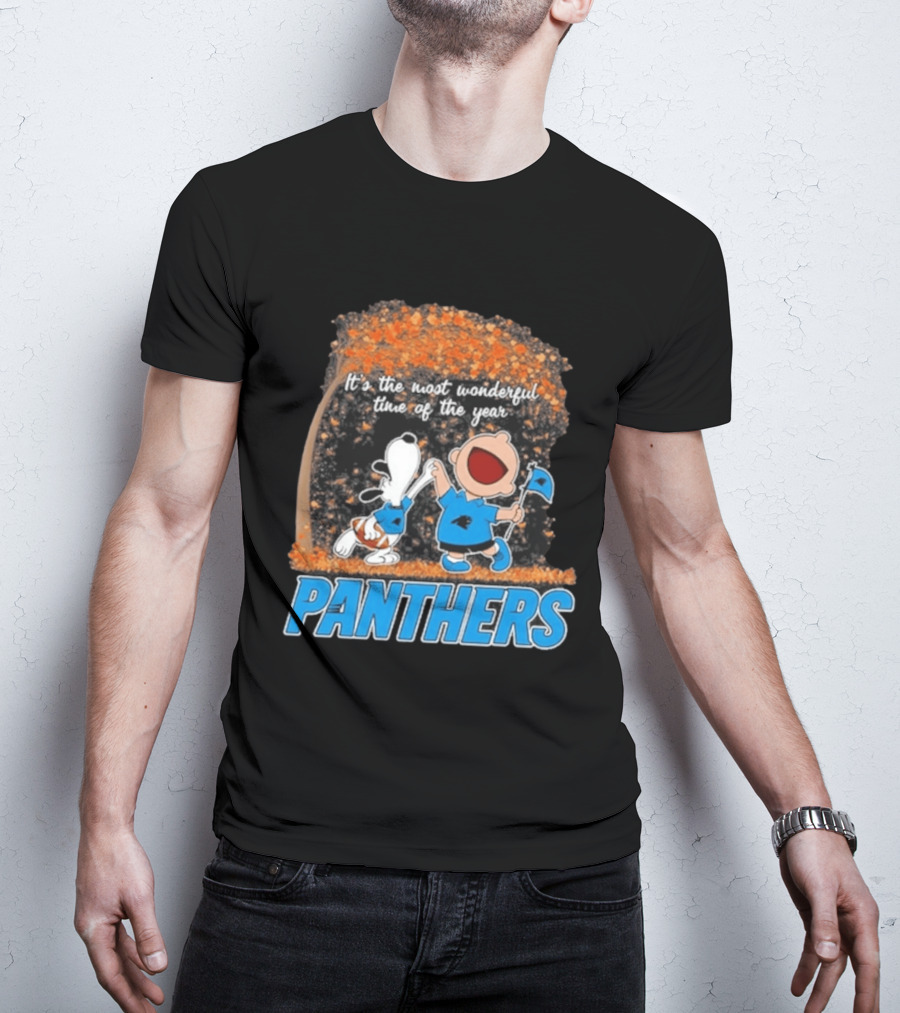 Carolina Panthers Snoopy Charlie Brown Dancing It's The Most Wonderful Time Of The Year 2026 T-Shirt