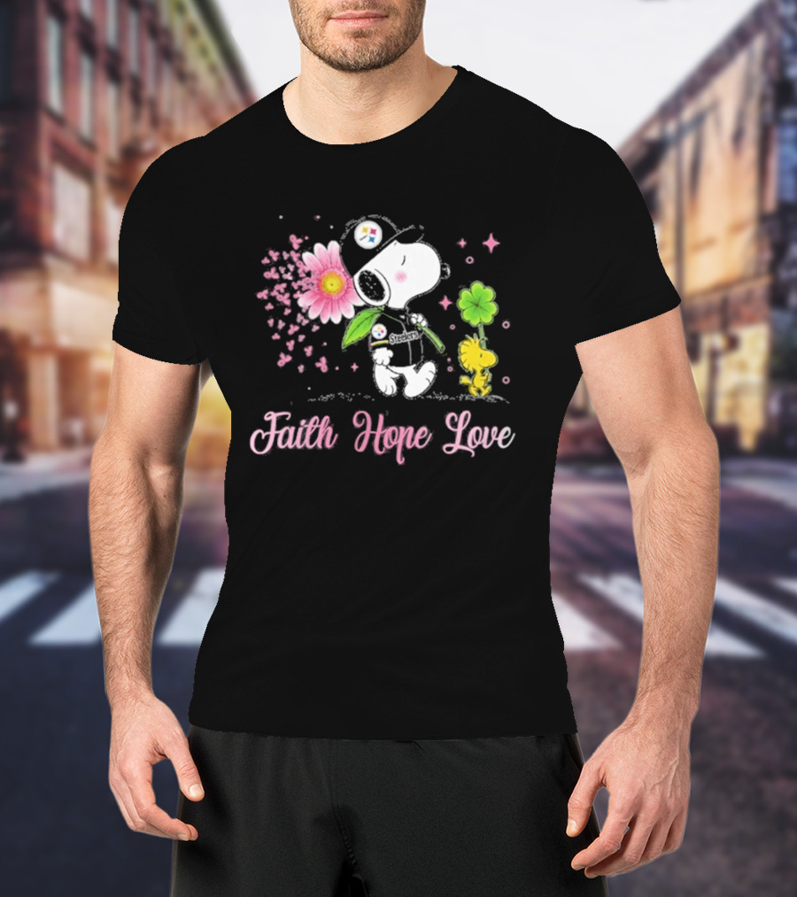 Pittsburgh Steelers Snoopy Woodstock 2026 Faith Hope Love Breast Cancer Awareness T-Shirt