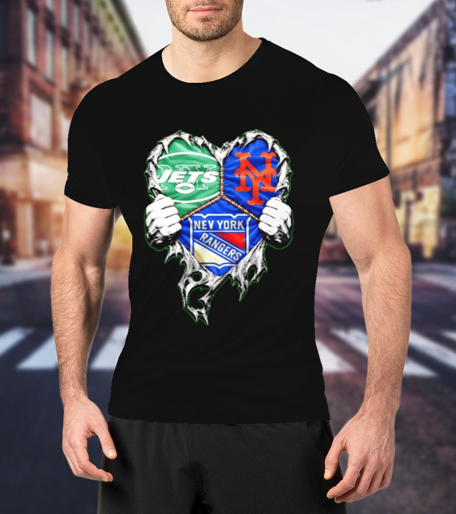 New York Jets Mets Rangers Heart Mashup Scratch T-Shirt