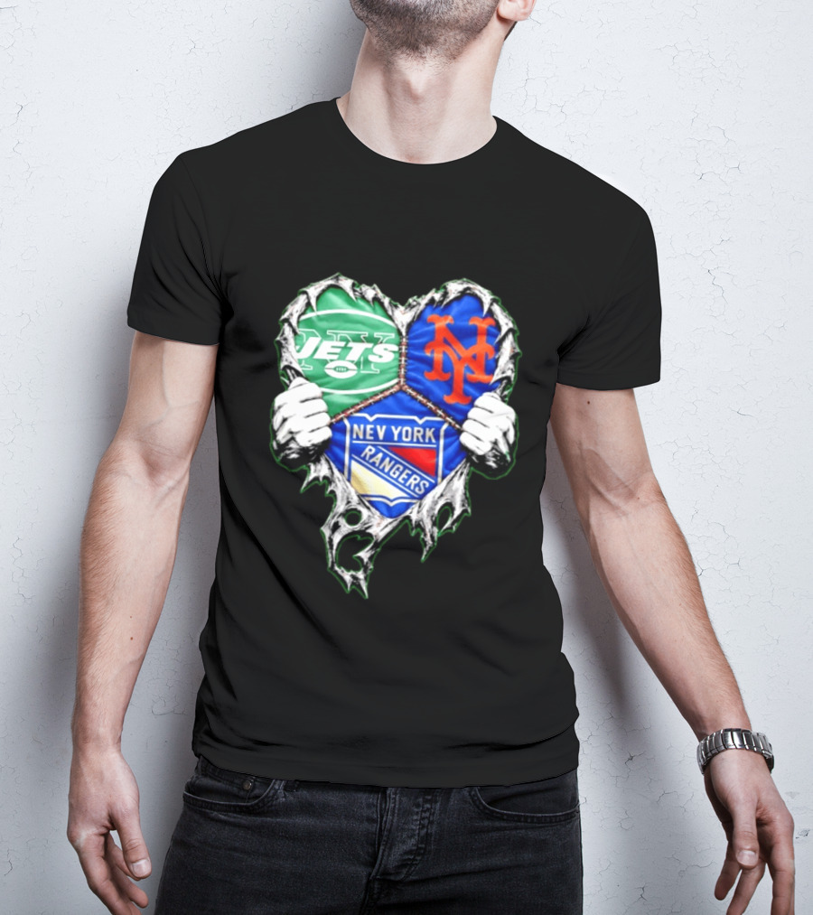 New York Jets Mets Rangers Heart Mashup Scratch T-Shirt
