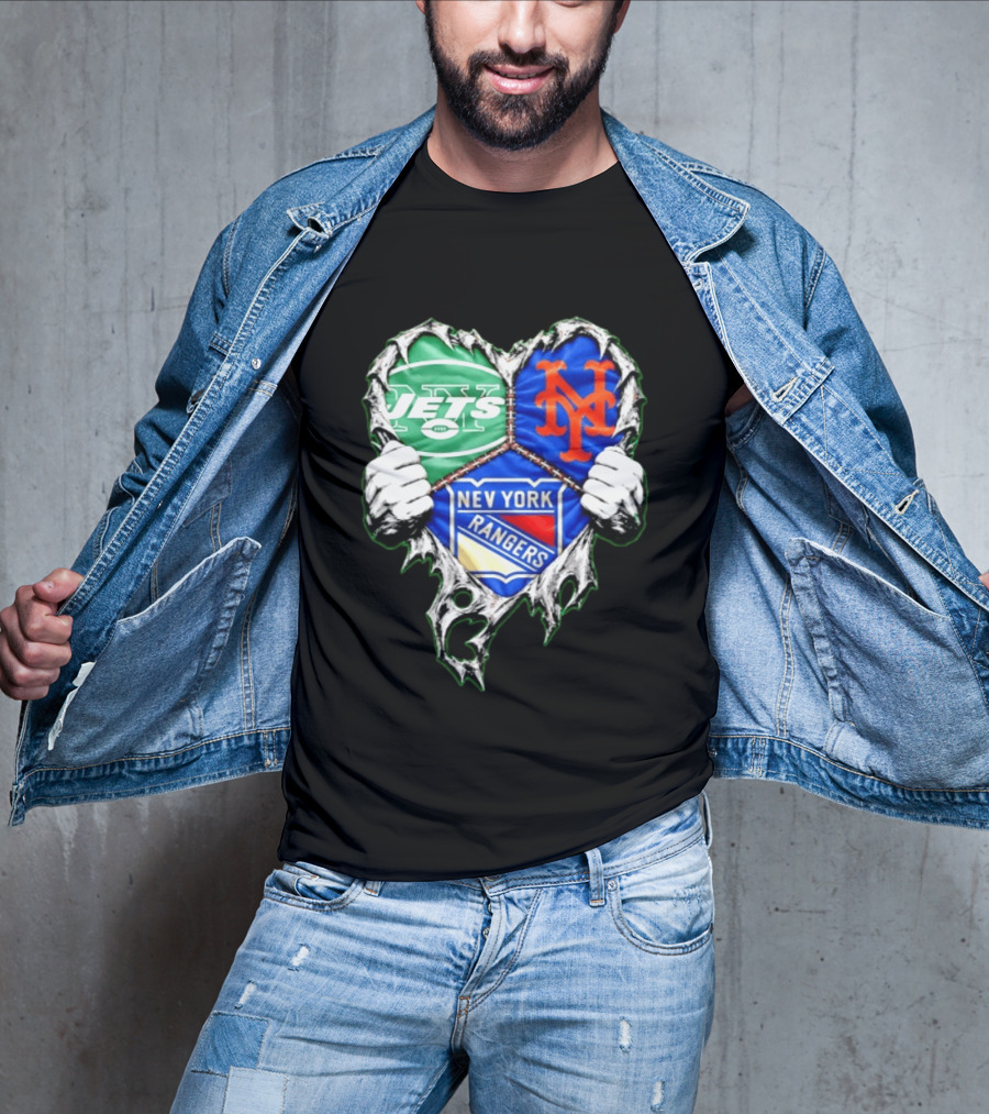 New York Jets Mets Rangers Heart Mashup Scratch T-Shirt