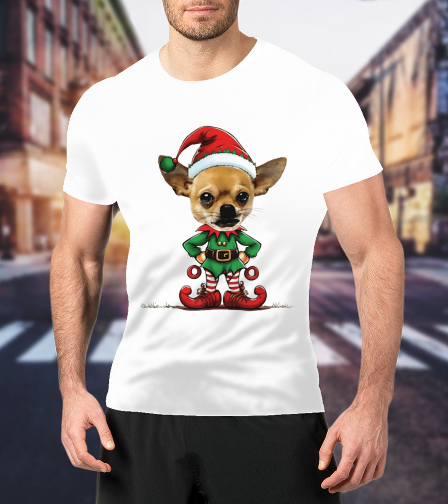 Chihuahua Elf Christmas 2026 Humor Meme Festive Dog In Santa Hat And Green Elf Outfit T-Shirt