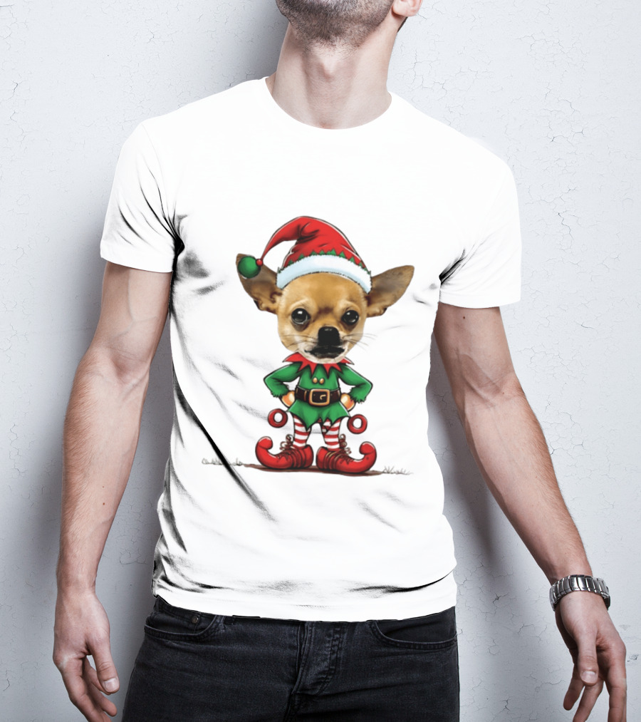Chihuahua Elf Christmas 2026 Humor Meme Festive Dog In Santa Hat And Green Elf Outfit T-Shirt