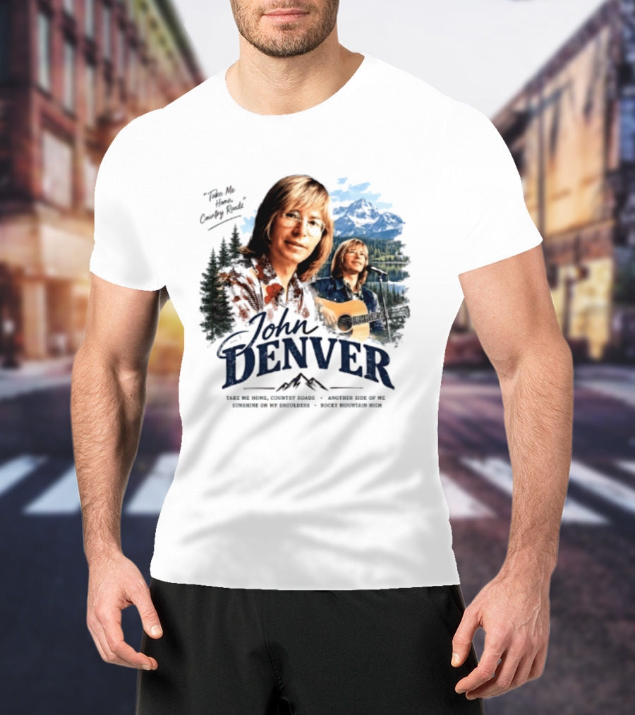 John Denver Take Me Home Country Roads Lyrics Mountains Forest Guitar Scene T-Shirt