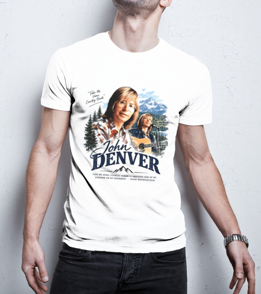 John Denver Take Me Home Country Roads Lyrics Mountains Forest Guitar Scene T-Shirt
