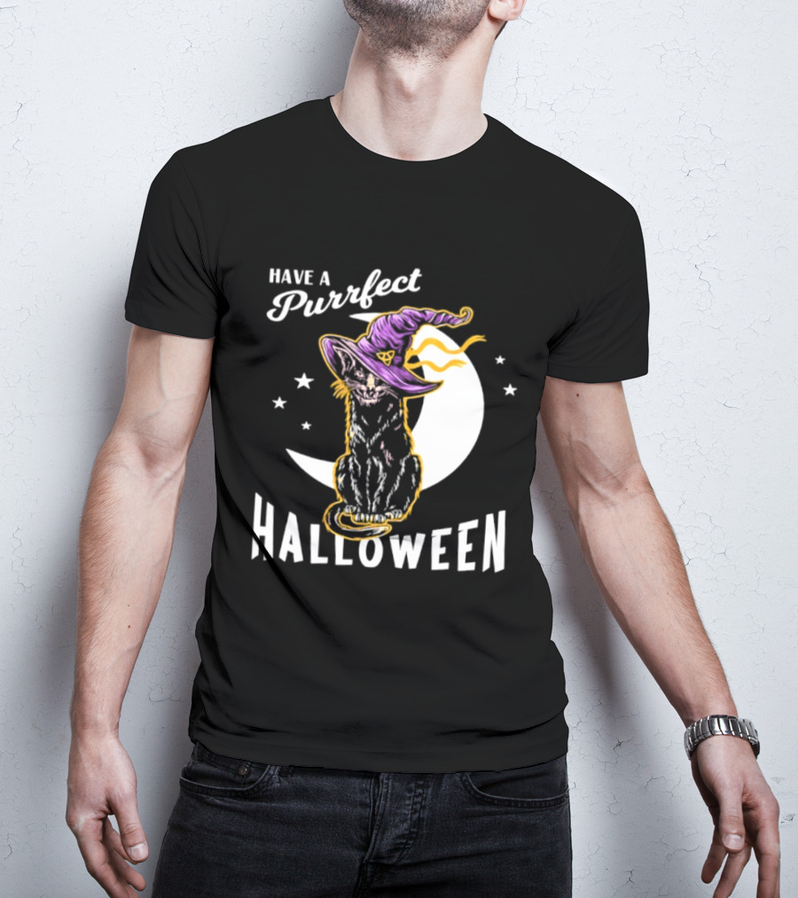 Have A Purrfect Halloween Black Cat And Moon With Witch Hat T-Shirt