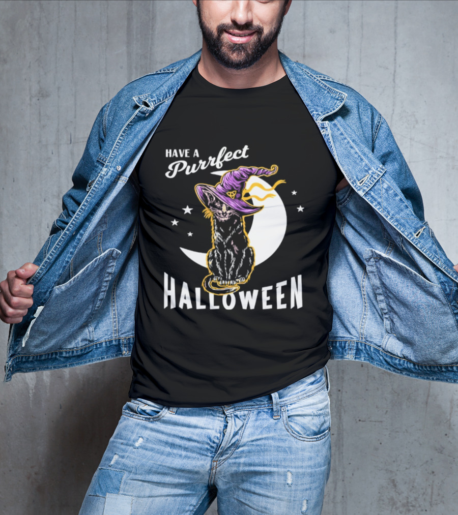 Have A Purrfect Halloween Black Cat And Moon With Witch Hat T-Shirt