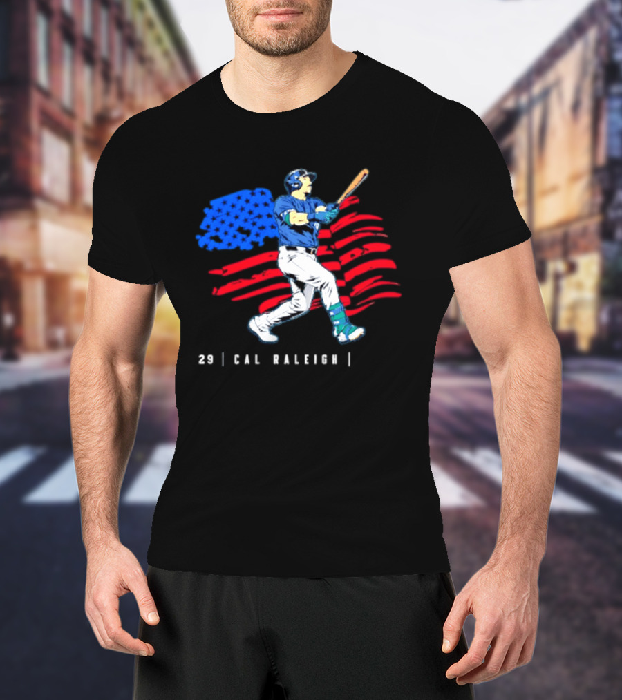 Cal Raleigh Baseball USA Flag Seattle Seahawks T-Shirt