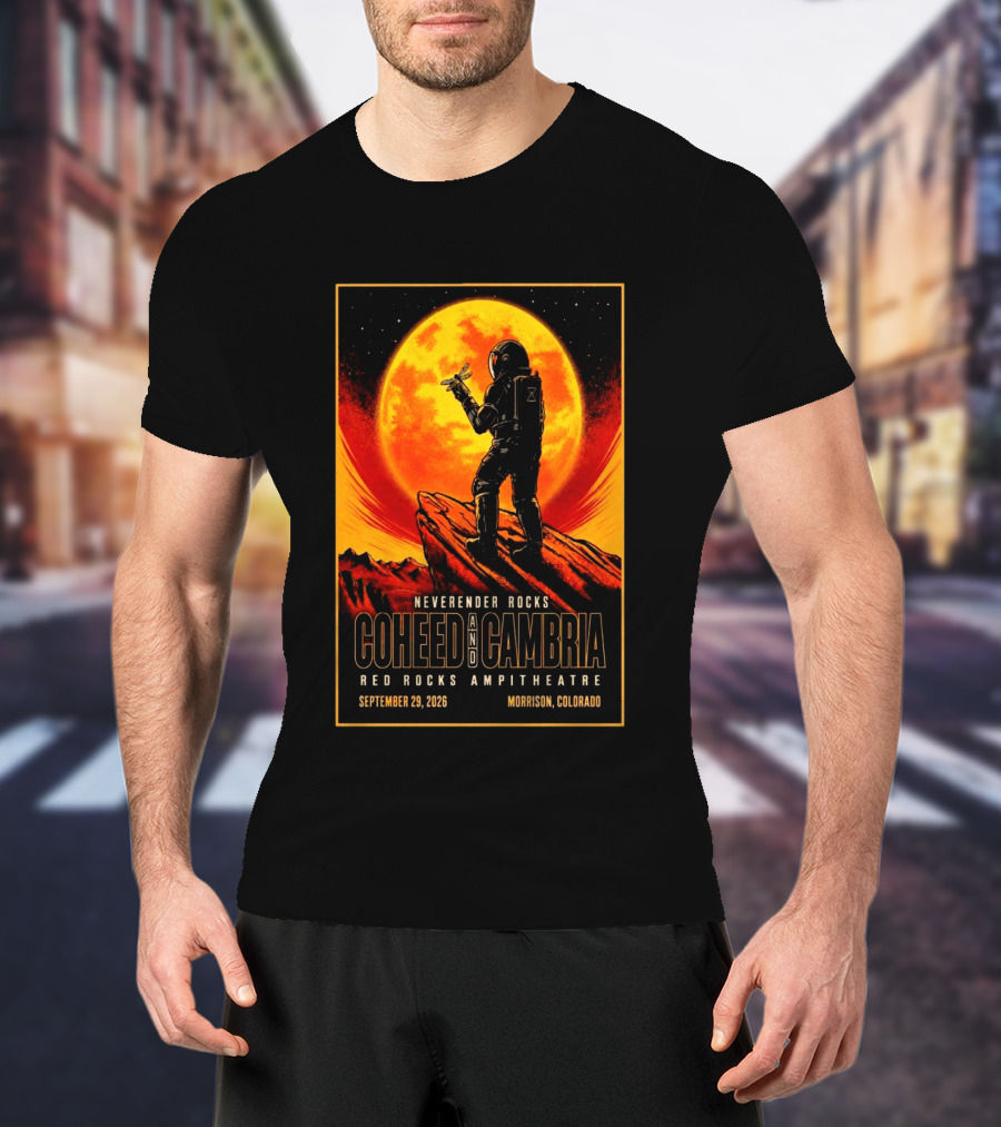 Neverender Rocks Coheed And Cambria Red Rocks Ampitheatre Morrison Colorado September 29 2026 Astronaut Orange Moon Scene T-Shirt