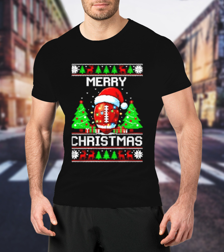 Merry Christmas Football Santa Hat Lights Festive Trees T-Shirt