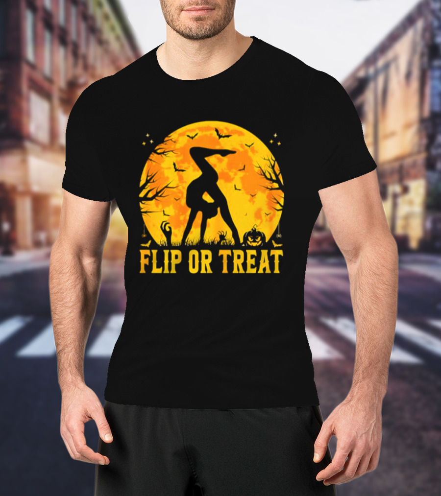 Flip Or Treat Halloween Gymnastics Moon Silhouette Spooky Pumpkin T-Shirt