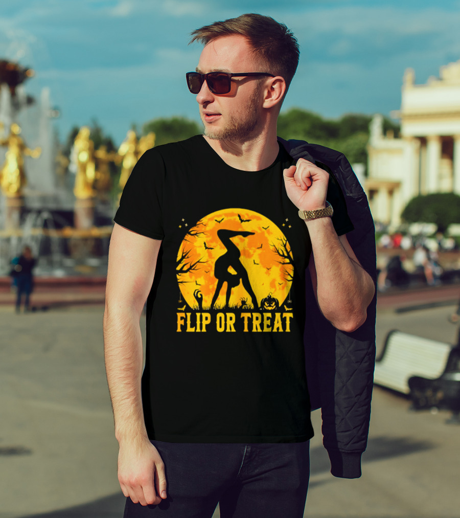 Flip Or Treat Halloween Gymnastics Moon Silhouette Spooky Pumpkin T-Shirt