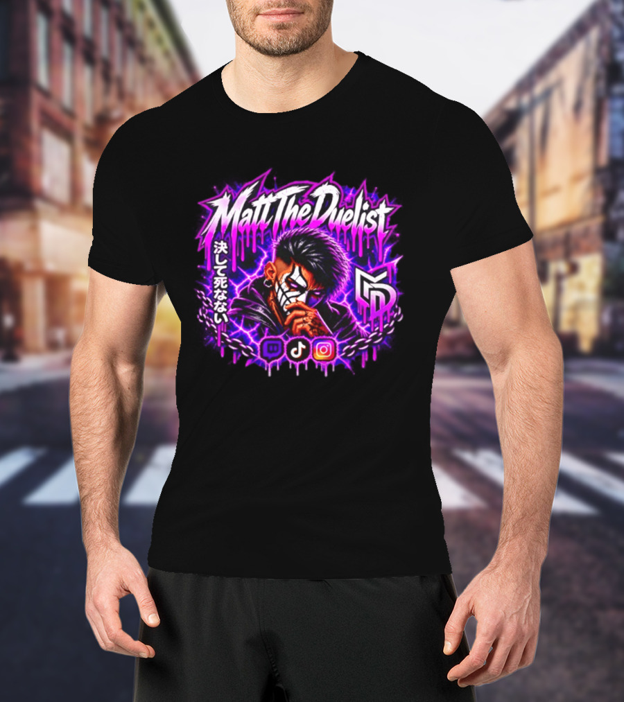 Matt The Duelist Freelance MTD Anime Gamer Mask Neon Purple Kanji T-Shirt