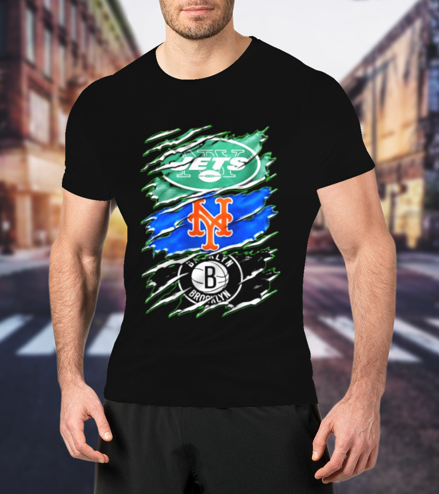 New York Jets Mets Brooklyn Nets Scratch Logo Mashup T-Shirt