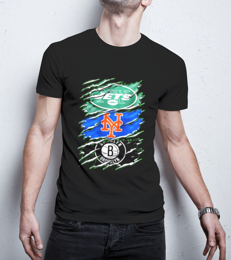 New York Jets Mets Brooklyn Nets Scratch Logo Mashup T-Shirt