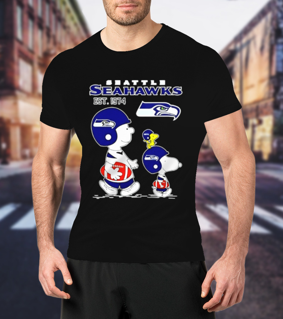 Seattle Seahawks Peanuts Snoopy Charlie Brown Est 1974 NFL T-Shirt