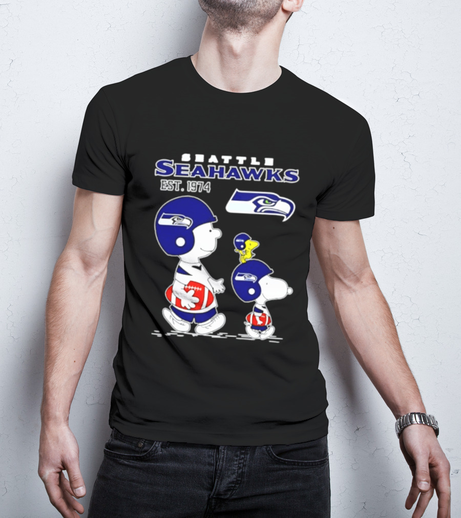 Seattle Seahawks Peanuts Snoopy Charlie Brown Est 1974 NFL T-Shirt