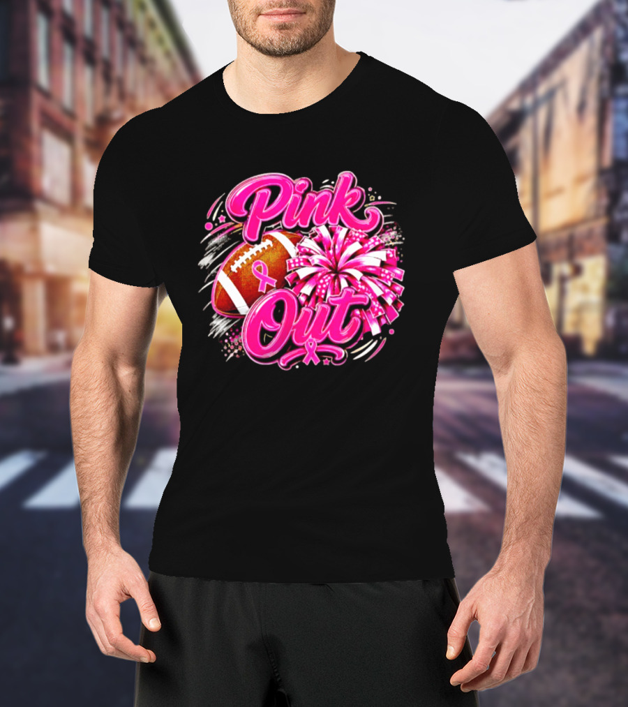 Pink Out Breast Cancer Awareness Football Cheerleading Pom Poms T-Shirt