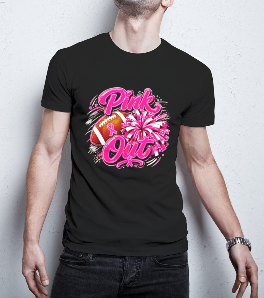 Pink Out Breast Cancer Awareness Football Cheerleading Pom Poms T-Shirt