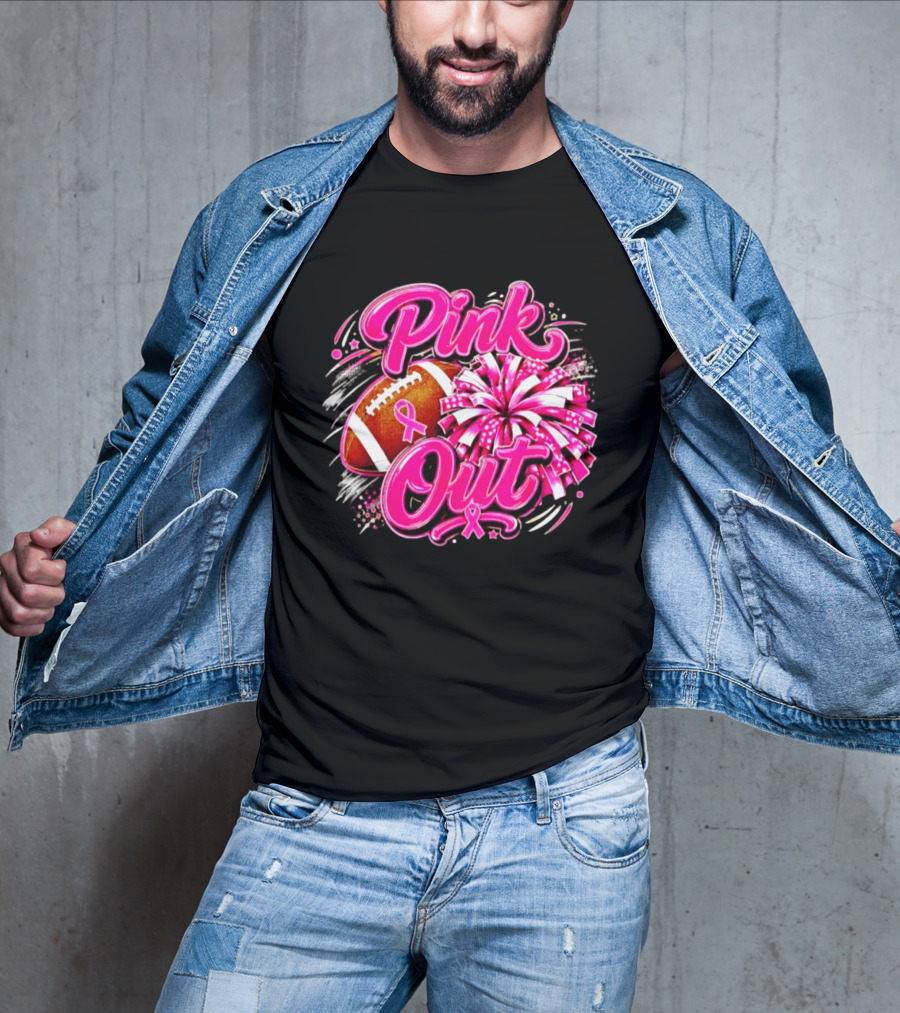 Pink Out Breast Cancer Awareness Football Cheerleading Pom Poms T-Shirt