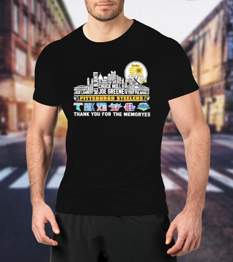 Pittsburgh Steelers Skyline 50th Anniversary Super Bowl Logos Thank You For The Memories T-Shirt
