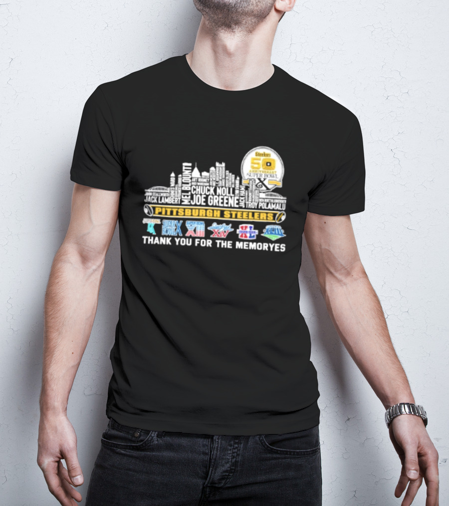 Pittsburgh Steelers Skyline 50th Anniversary Super Bowl Logos Thank You For The Memories T-Shirt